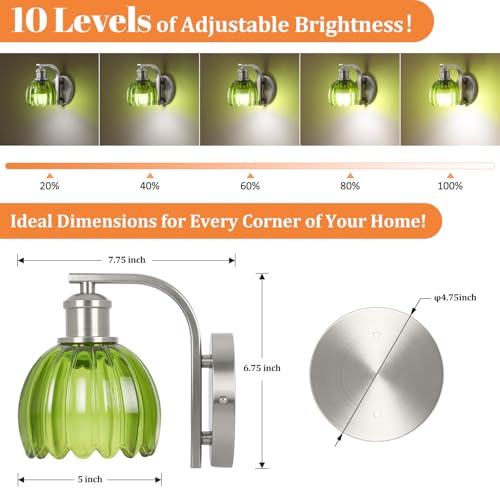 Image of Rechargeable Battery Operated Wall Sconce Set of Two with Green Glass Lampshade, Wireless Wall Scone Decor with Remote Control, 15 Colors Brushed Nickle Wall Light for Bedside Hallway Bedroom Doorway