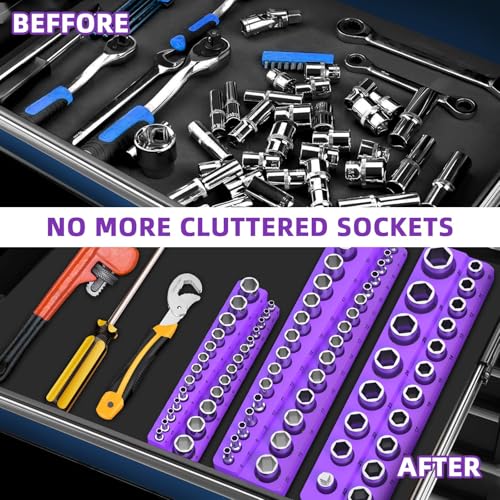 Image of Magnetic Socket Organizer Set, 3-Piece Socket Holder Trays for 1 /4 inch 3 /8 inch 1 /2 inch Drive Sockets, Organizes 68 Metric Sockets, Purple Tool Box Organizer (Sockets Not Included)