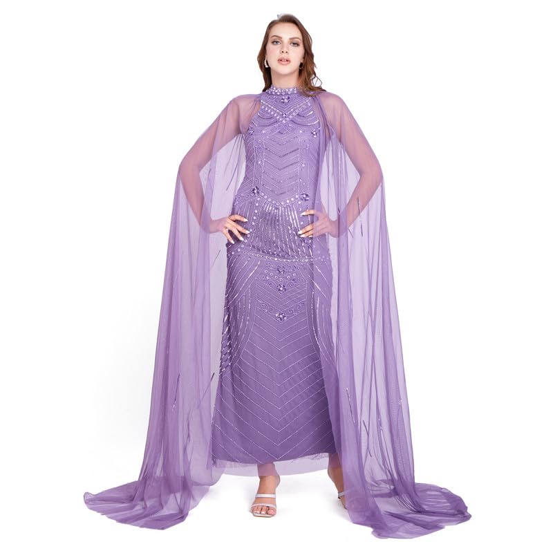 Luce Handworked Lavender Embellished Beaded Mermaid Evening Dress Full Length with Matching Embellished Sheer Cape-Sleeve Maxi Dress