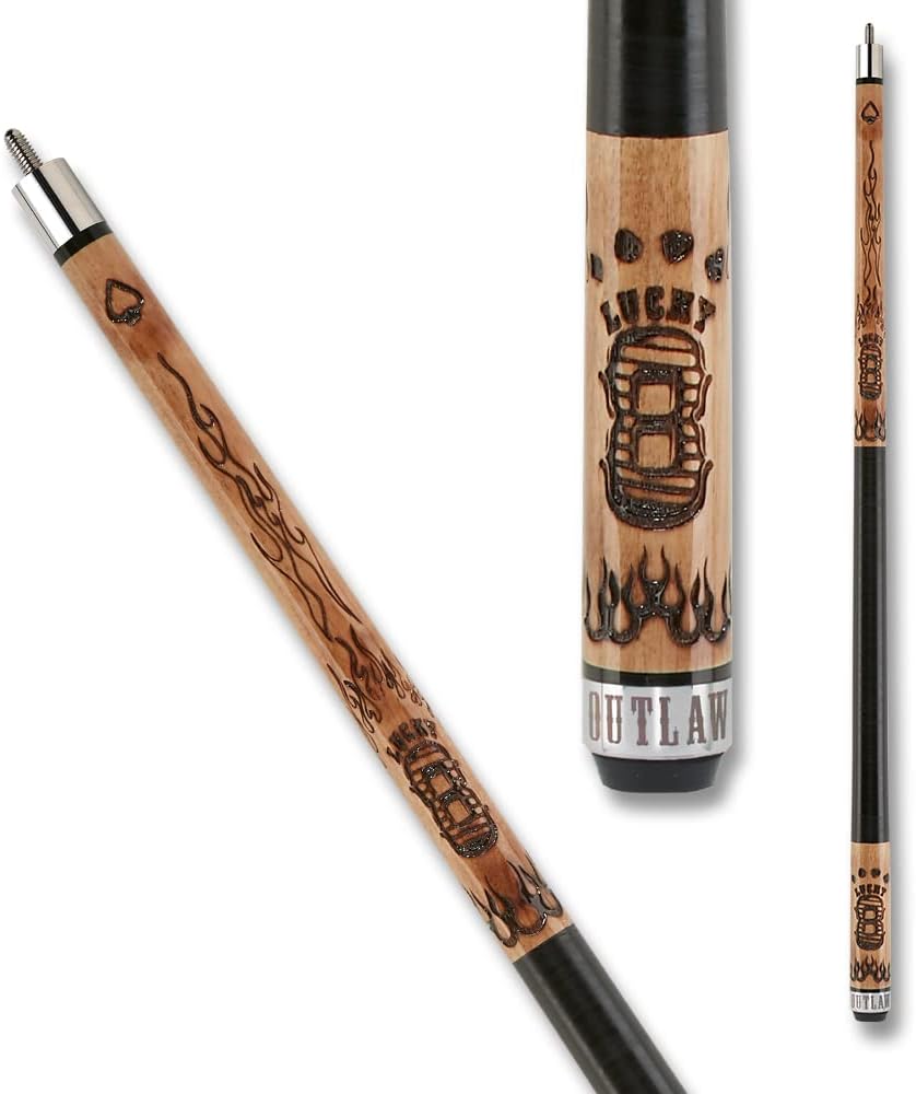 OUTLAW OL51 Original Pool Cue - Brown Stained Maple with Lucky 8 and Flames Design