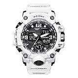 Elektronische Sportuhr Herren Militäruhren Outdoor Dual Display Digital 50M wasserdichte Armbanduhr mit Stoppuhr Alarm LED Hintergrundbeleuchtung, zum Laufen Schwimmen (White)