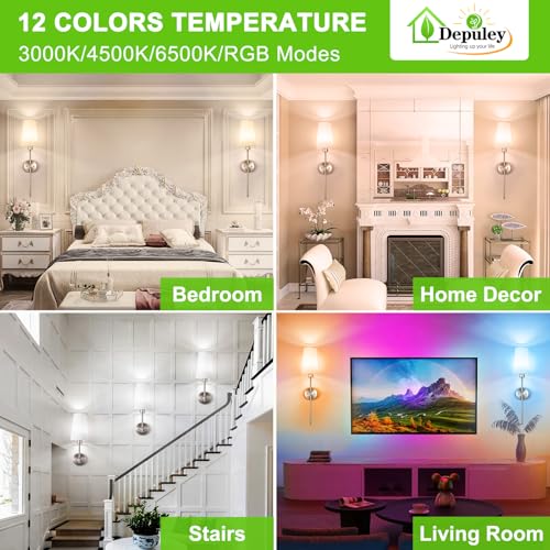 Image of Depuley Battery Operated Wall Sconce: 27 inch Set of 2 Wireless Wall Lights with Remote for Bedroom - Rechargeable 15 Colors Wall Lamp for Living Room Hallway Decor - Brushed Nickel