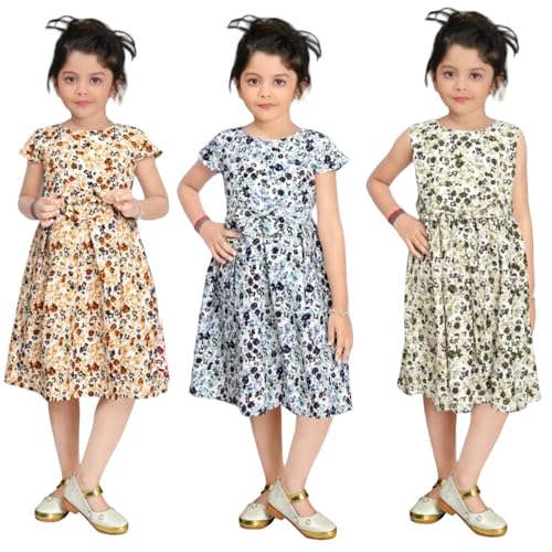 Image of Girls Pure Cotton Casual Round Neck Regular feet Multi Color Girls Gown Dress Half Sleeve Set of 3 pcs