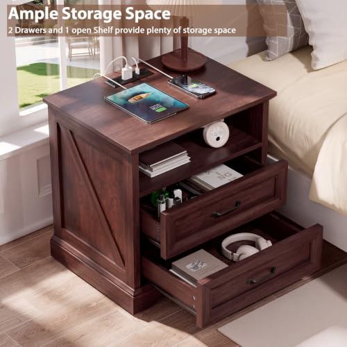 Image of HOMMPA 24'' Farmhouse Nightstand with Charging Station, Bedside Tables with AC Outlets & USB Port, 2 Drawers Side Table End Table with Open Shelf, Rustic Wood Night Stand for Bedroom, Maroon Brown