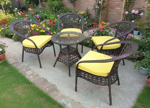Image of India Outdoor Indoor Patio Furniture Sets Rattan Chair Patio Set Conversation Set Poolside Lawn Chairs Swingarea Balcony Outdoor Garden Furniture Chair (Brown with Yellow Cushion 4+1)