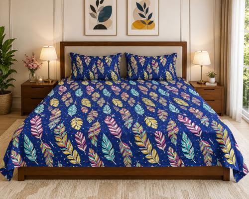 Image of Premium Double Queen Size Bedsheet with 2 Pillow Covers - Vibrant Feather Print, Soft & Breathable Cotton Blend, 90 x 100 Inch (228 x 254 cm)