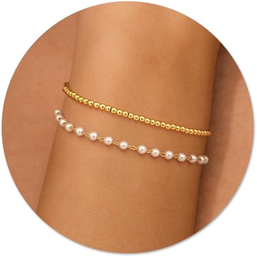 Gold Pearl Bracelets for Women, 14K Gold Plated Dainty Bracelet Set, Adjustable Layered Pearl & Beaded Chain Bracelets, Non Tarnish Lightweight Jewelry Gifts for Women
