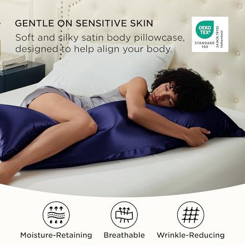 Image of Bedsure Body Pillow Cover 20x54 Inches - Navy Satin Similar to Silk Pillowcase for Hair and Skin, Cooling and Silky Long Body Pillow Pillowcase for Adults with Envelope Closure, Gifts for Women Men