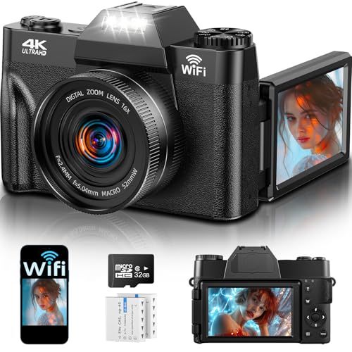 4K 75MP Digitalkamera mit WLAN & 180° Flip 3.0" Bildschirm, Autofokus Vlogging Fotoapparat mit 2X 1500mAh Batterien, 32GB Speicherkarte, Kompaktkamera für Kinder, Erwachsene, Senioren & Anfänger
