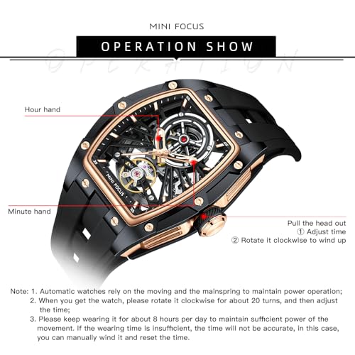 Image of MF MINI FOCUS Unique Men Watches,Automatic Mechanical Watch,Luxury Hollow Tonneau Watches for Men with Stainless Steel Case and Silicon Band (Self-Wind Movement /5ATM Waterproof /Super Luminous)