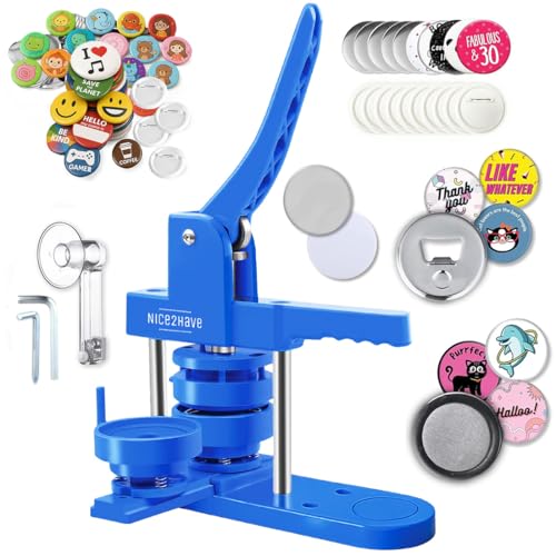 Button Maker Machine 3 Inch Pin Maker Kit - Single Mold 100 Buttons 5 Fridge Magnets 5 Bottle Openers Cutters and 500+ Button Designs for DIY Crafts (Blue)