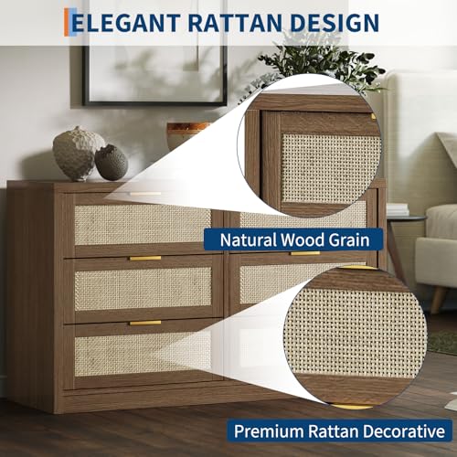 6 Drawer Dresser for Bedroom, 52.7" Wide Rattan Dresser, Wooden with Gold Handles, Farmhouse Tv Stand Entryway Table, Modern Chest of Drawers for Living Room, Entryway