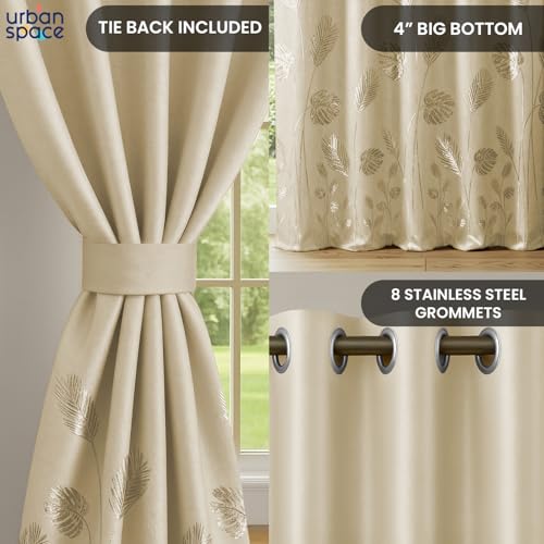 Image of Urban Space 100% True Blackout Curtains for Window, Gold Foil Printed Blackout Curtains, Blackout Decorative Window Curtain Eyelet with Tieback, 1 Piece Curtain for Living Room(Aurika Beige, 5 Feet)