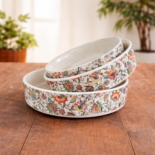 Image of Niyara Stoneware Handmade Ceramic Stylish Premium Serving Bowls /Salad Tray Microwave Dishwasher Safe (Heritage Floral Bowl Set of 3)