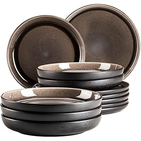 MÄSER 9314021, Serie Niara, Modernes Teller Set für 6 Personen in aufregendem Vintage Look, 12-teiliges Tafelservice aus Keramik in Grau und Schwarz Cover