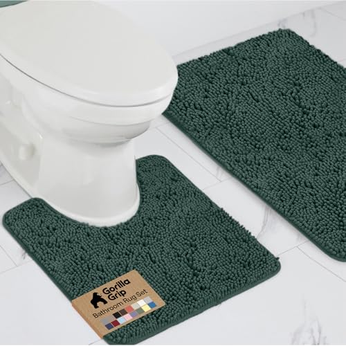 Image of GORILLA GRIP Bathroom Rug Sets, Soft Chenille 2 Piece Area Rugs Set, Toilet Base Mat and 30x20 Carpet, Absorbent Microfiber Washable Mats Dry Quickly, Home Decor and Bath Room Accessories, Hunter