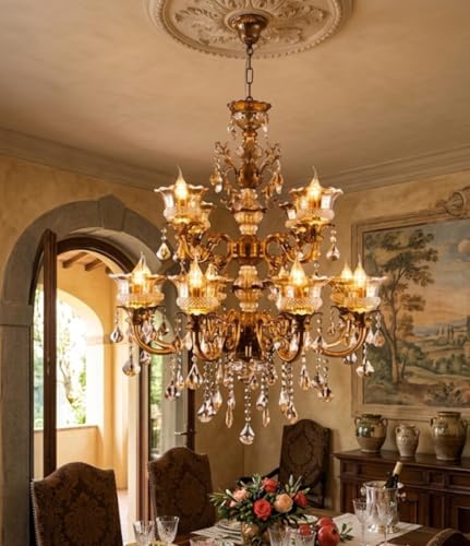 Image of 12 Light Glass Candle Chandelier - 28 Inch Width x 36 Inch Height Antique Modern Contemporary Ceiling Hanging Light, Luxury Jhumar for Living Room, Dining Room & Home Decor (Design 13)(Bulb Included)