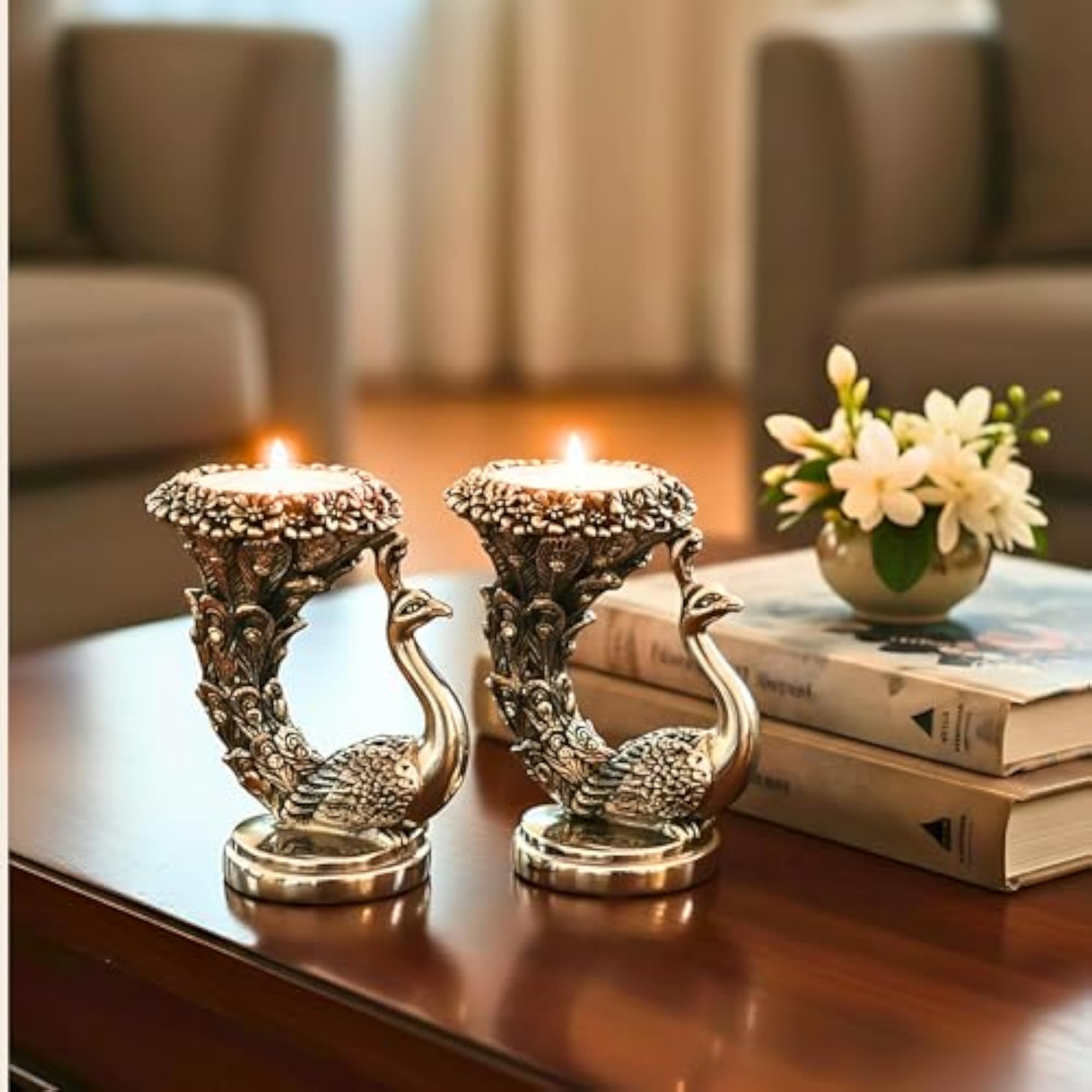 Pack of 2 Silver Plated Peacock Idol Candle Holders