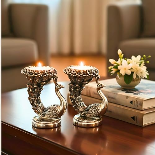 Image of 999 Pure Silver Plated Peacock Idol (Pack of 2) - 9.5 cm Height - Luxury Decorative Tabletop Showpiece & Candle Holder - Elegant Home Interior Decor Accents - Premium Gift Set