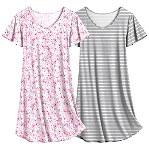 Image of Ekouaer 2 Pack Nightgowns for Women Short Sleeve Nightshirt Soft Sleepdress