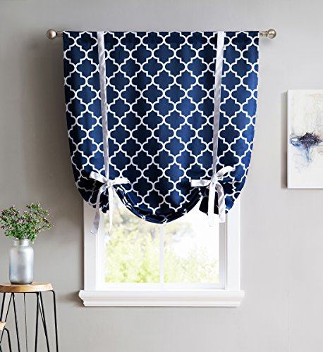 HLC.ME Lattice Print Thermal Room Darkening Blackout Tie Up Shade Valance Curtain for Small Windows - Navy Blue - 46