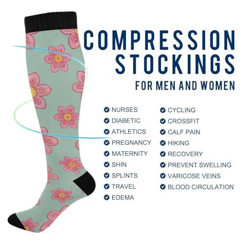 Compression Socks for Women Men Flower Wide Calf Knee High Stockings 20-30mmHg Nurse Travel Athletic Sock 2 Pair4