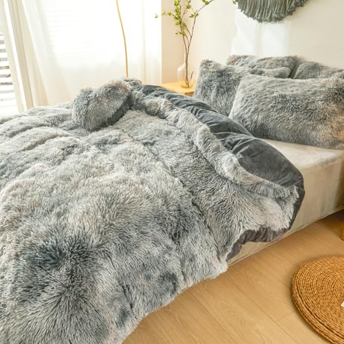 Plush Fluffy Tie Dye Dark Gray Comforter Cover Queen Set – Faux Fur Plush Tie Dye Dark Gray Bedding 3-Piece Set (1 Duvet Cover + 2 Furry Pillow Shams) Cozy Bed Set