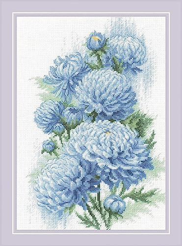 Image of RIOLIS - Delicate Chrysanthemums 2140, Cross Stitch Kits 8 inch x 11 inch, Cross Stitch Kits for Adults, Floral Counted Cross Stitch Kits, Embroidery Kit for Beginners & Advanced, Crossstitching Kits