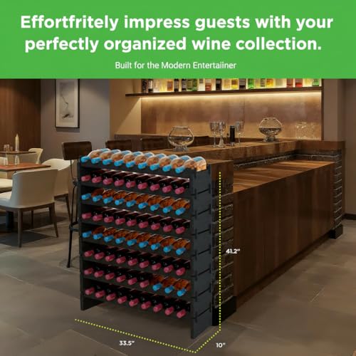 Image of NutriChef 72 Bottle Wine Rack Stackable Bamboo Freestanding, 8-Tier Modular Shelf, Sturdy Wobble Free, Upgraded 2026 Design, Easy No-Tool Assembly for Kitchen, Cellar or Bar 33.5 inch x 10 inch x 41 inch (Black)