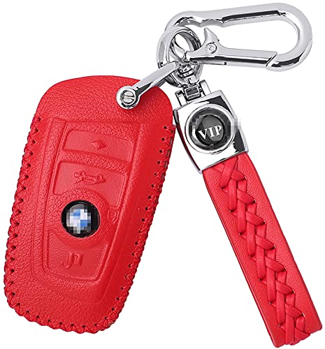 WAFERN Smart Key FOB Leather Key Remote Case Cover Protector Holder Skin for BMW Trapezoid Style Key with Braided Wrist Strap & Key Ringsâ€“ 4 Buttons for BMW 2 3 4 5 6 7 Series Key Fob (Red)