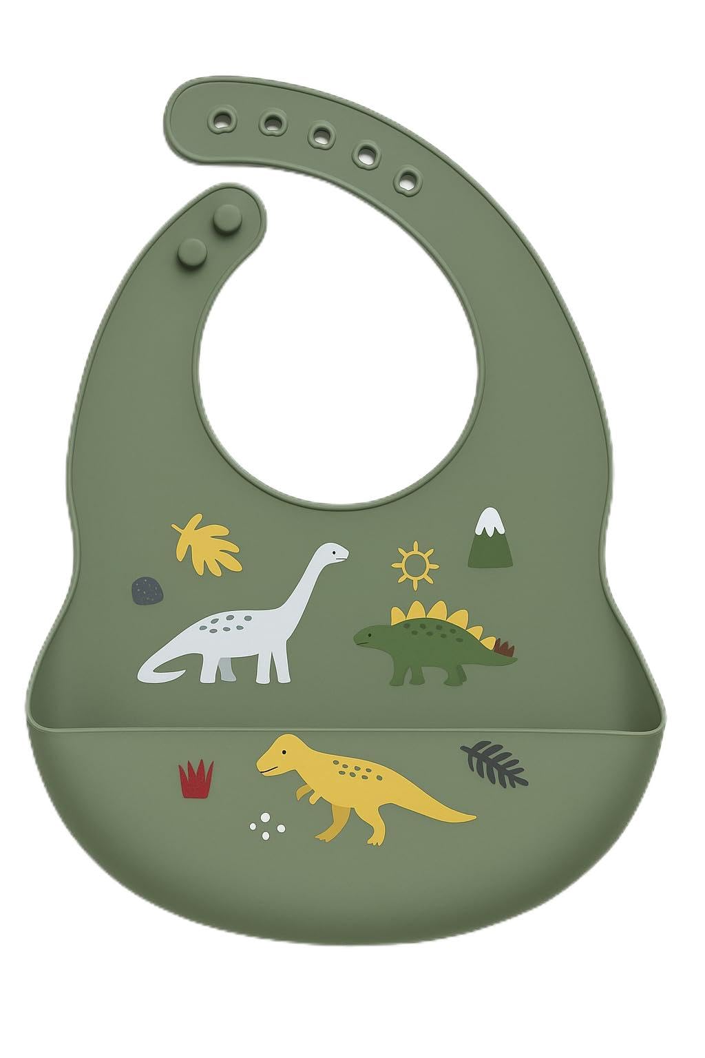 Elite Family Essentials Silicone Baby Bib - Waterproof, Adjustable Feeding Bib for Babies & Toddlers, Dinosaur Design (Olive Green)