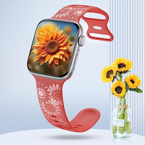 Image of Sunflower Engraved Band Compatible with Apple Watch Bands 38mm 40mm 41mm 42mm 44mm 45mm 49mm Women, Designer Soft Glossy Floral Silicone Strap for iWatch Series Ultra 11 10 9 8 7 6 SE 5 4 3 2 1