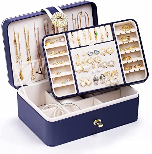 BLURISM Jewelry Box Organizer, Large Two-Layer Storage Box, Faux Leather Jewelry Box for Women Girls to Store Rings, Earrings, Necklaces, Bracelets and Watches (BLUE)