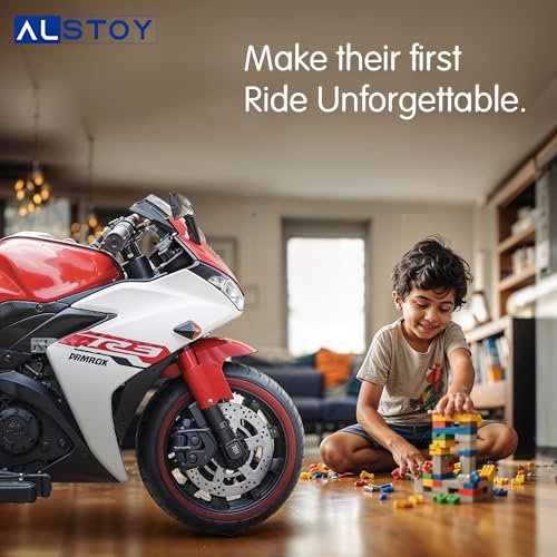 Image of Alstoy Ninja Ride-On Bike for Kids | 12V Rechargeable Battery Electric Toy Bike | Bluetooth Music | 35kg Capacity | Ages 3-8 Boys & Girls | BIS /ISI Approved | 6-Month Warranty | Large | Red