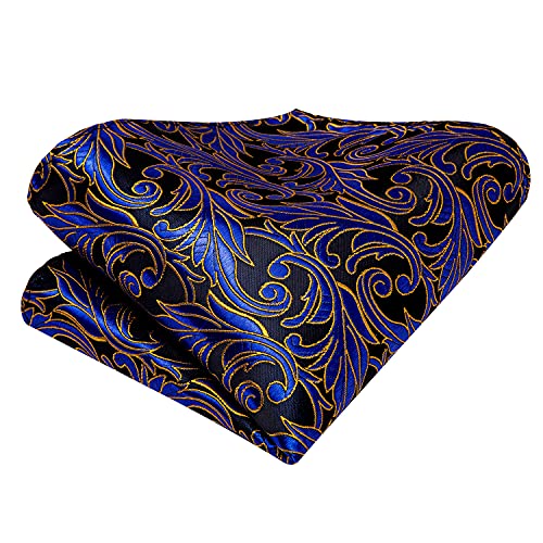 Image of Hi-Tie Blue Gold Flower Neckties for Men Jacquard Classic Tie and Pocket Square Lapel Pin Silver Tie Clip Cufflinks Set Wedding Business 6PCS