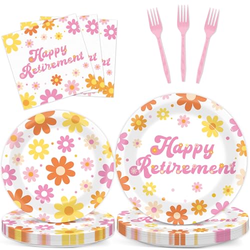 Image of 96Pcs Retirement Party Supplies Happy Retirement Plates and Napkins Colorful Daisy Flower Tableware Set Floral Disposable Dinnerware for Women Goodbye Going Away Farewell Party Decorations 24 Guests