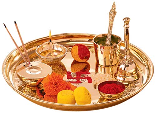 URBAN HAAT Hand Made Brass Puja Thali Set (410 Gram Weight, 10 inch Diameter)