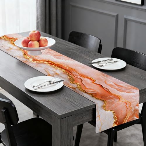 Image of Nuxovilar Pink Gold Marble Table Runner Flax 13x72 in | Holiday Runner Flax Placemats Dining Accessories Set Romantic Dinner Elegant Area Room (Pink Gold Marble)