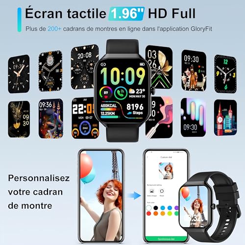 Montre Connectée Homme Femme avec Appels Bluetooth, 1,96 Pouces Smartwatch 113+ Modes Sport IP68 avec Moniteur de Sommeil, Montre Intelligente avec Fréquence Cardiaque Podometre pour Android iOS(Noir) – Image 4