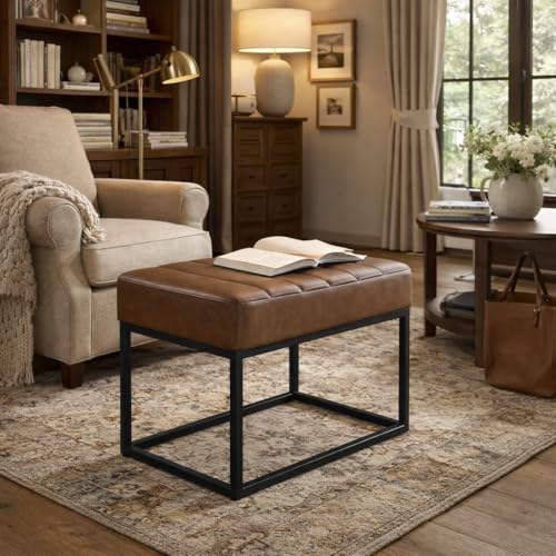 Image of HomePop 22 inch Theodore Channel Tufted Ottoman - Brown Faux Leather