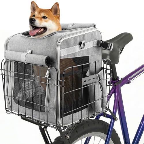 Ramalto Foldable Dog Bike Rear Basket with Safety Leash & Padded Liner Pet Carrier for Small to Medium Dogs & Cats up to 22 lbs Quick-Install Rear Bicycle Carrier for Travel