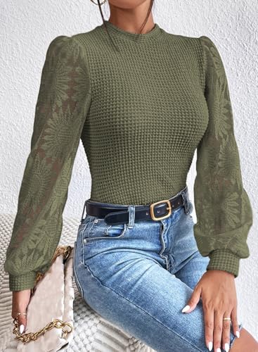 Image of BLENCOT Womens Casual Crochet Top Mesh Lace Long Sleeve Shirts Waffle Knit Blouse Crewneck Shirt Fall Womens Tops Pullover