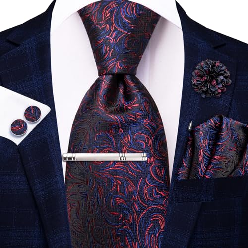 Image of Hi-Tie Black Red Blue Jacquard Neckties for Men Classic Woven Tie and Pocket Square Lapel Pin Silver Tie Clip Cufflinks Set Wedding Business 6PCS