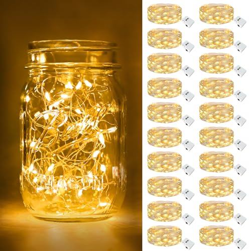 Image of btfarm 20 Pack Fairy Lights Battery Operated, 3 Modes 7ft 20 Led Twinkle Lights, Mini Bulk String Lights Waterproof Silver Wire for Mason Jars Christmas Wedding Vases Centerpiece Decor, Warm White