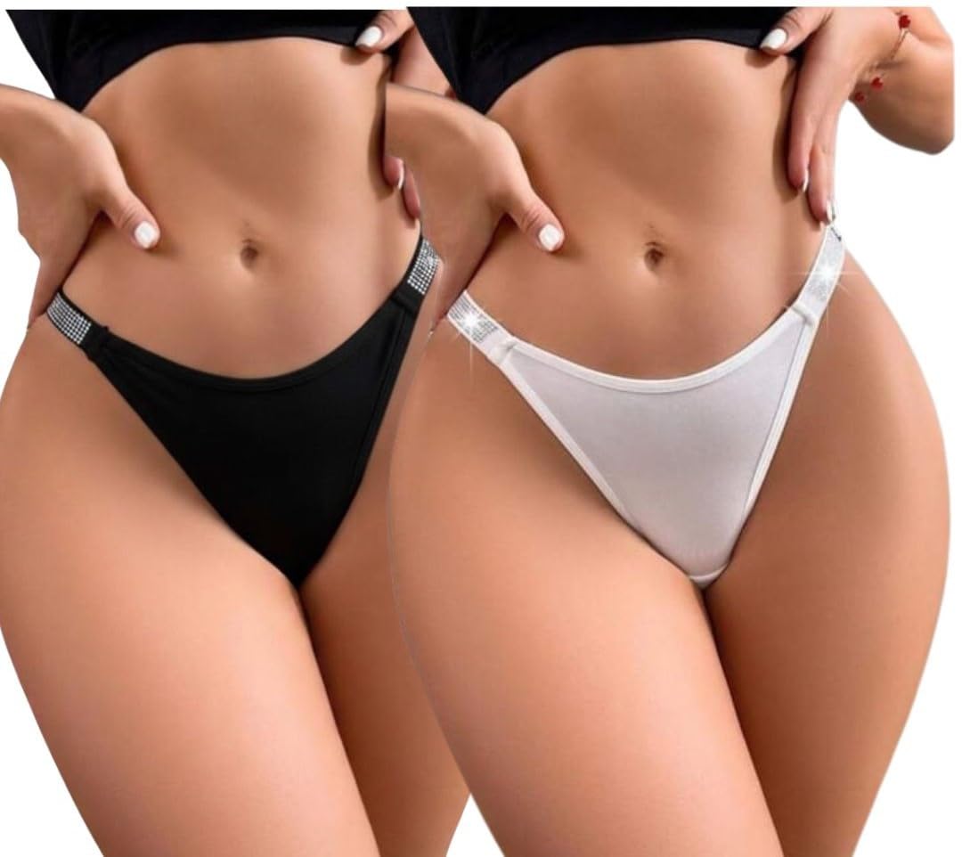 Women Glitter Sexy Panties Cute Shine Strap G String Thong Lingerie Studded Brazilian Panty Seamless Underwear Pack of 2 (Black-White)