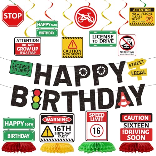 Image of Driver License Birthday Party Decorations - 14PCS 16th Birthday Banner with Hanging Swirls Party Decoration Boys Car Theme Honeycomb Centerpieces Decor for Boys
