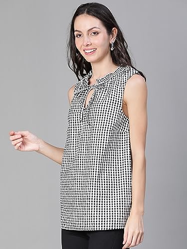 Image of oxolloxo Women Check Print Sleevless Tie Neck Cotton Top