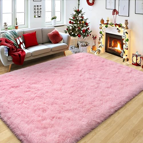 Large Shag Rugs 6 x 9, Pink Area Rug for Girls Kids Living Room Bedroom, Soft Fluffy Fuzzy Plush Carpet, Anti-Skid Shaggy Rug for Home Decor Aesthetic
