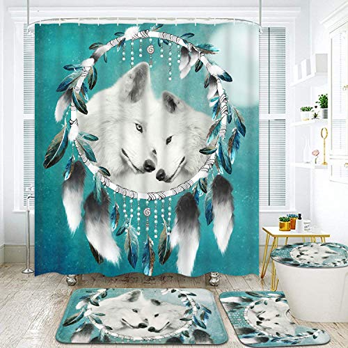 Ikfashoni 4 Stück Wolf Duschvorhang-Sets mit rutschfestem Teppich, WC-Deckelbezug und Badematte, Wolf Traumfänger… – Bild 3
