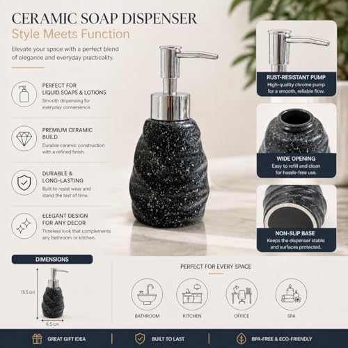 Image of Whizzo Premium Textured Ceramic Soap Dispenser for Bathroom & Kitchen | Refillable Lotion Dispenser with Chrome Pump | Modern Speckled Design | Durable, Stylish & Eco-Friendly (300ML, LD-214, Black)